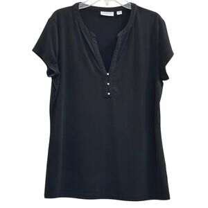 New York & Company NY&C Black Cap Sleeve Stretch Henley Top Metallic Buttons M !